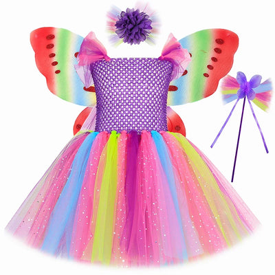 Girls Butterfly Fairy Tutu Dress with Wings Set Glitter Girls Rainbow Tulle Princess Dress Kids Halloween Birthday Party Costume