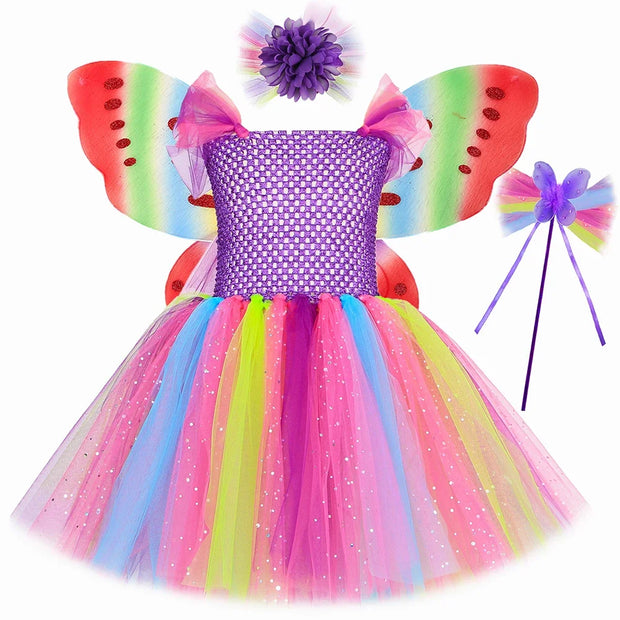 Girls Butterfly Fairy Tutu Dress with Wings Set Glitter Girls Rainbow Tulle Princess Dress Kids Halloween Birthday Party Costume