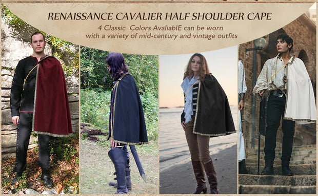DAZCOS Medieval Tudor Cape Renaissance Cavalier Half Shoulder Shawl Black Hooded Shrug Ranger's Cloak LARP Costume Halloween