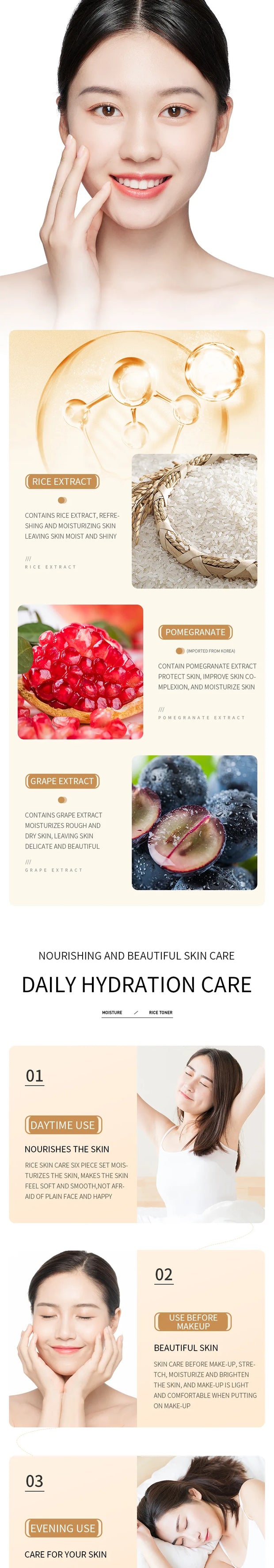 BIOAOUA Rice Protoplasm Grape Skincare Set Face Serum Cream Hydrating Moisturizing Cleanser Toner Anti Age Face Care Set