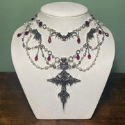 Goth Halloween Necklace for Women,Bat Cross Heart Red Crystal Pendant,Stacking Chain Dark Party Jewelry,Daily Wear&Surprise Gift