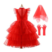 Lydia Deetz Costume For Girl Red Weeding Dress Halloween Beetlejuice Child Up Party Tunic+Headscarf+Glove Set Frock