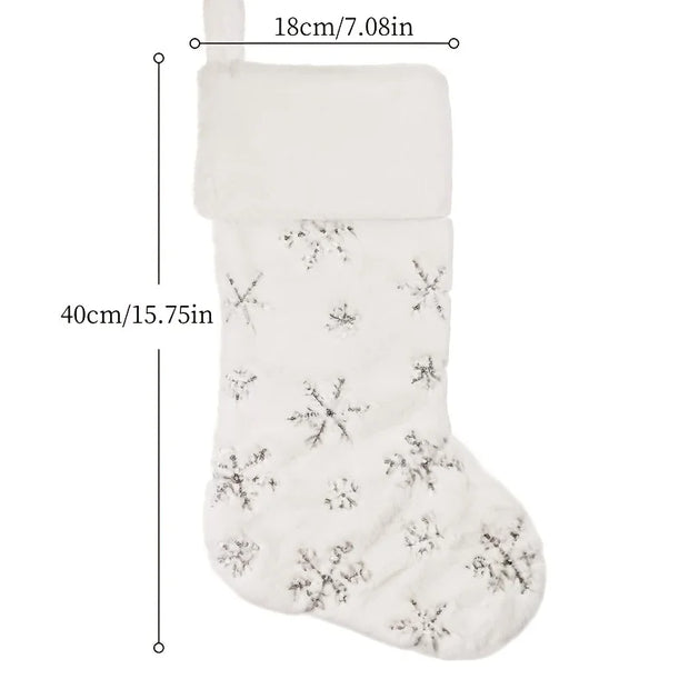 Christmas Stocking, 16 Inch Plush Faux Fur Sock with Snowflake Sequins, Holiday Tree Wall Fireplace Home Decor