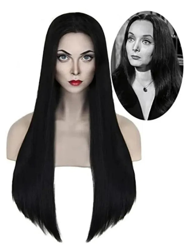 Addams Family Cosplay Wig Morticia Wendesday Wigs Black Long Straight Hair Heat Resistant Synthetic Halloween Party Woman Wigs