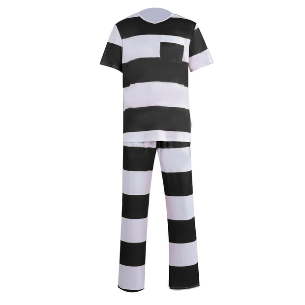 Mens Prisoner Costume Uniform Halloween Guilty Prisoner Sets handcuffs Striped Top Pants Jail Party Cosplay Costumes for Adult