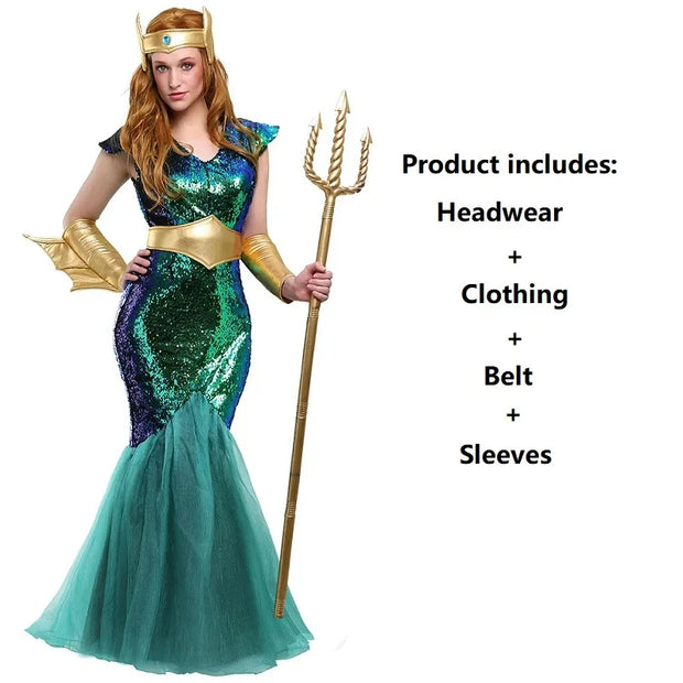 Women Sea Siren Mermaid Queen Costume Staff Men's Poseidon Costumes Adult Egypt Egyptian Pharaoh Prince King Cosplay Fancy Dress