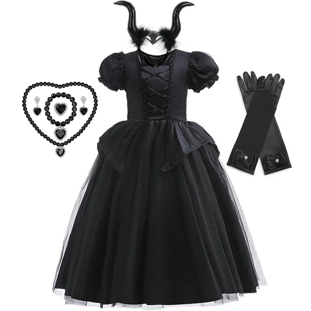 Maleficent Costume for Girls Halloween Witch Cosplay Black Witch Short Sleeve Cute New Horror Dress Accessories Set