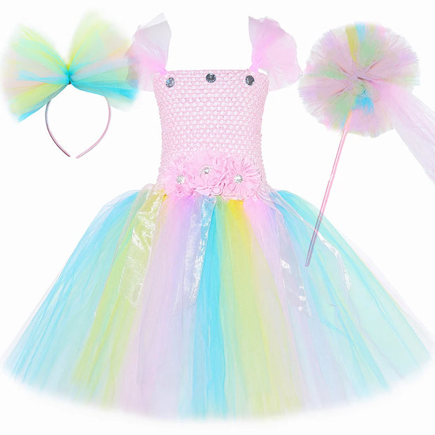 Pastel Flower Fairy Tutu Dress Costume for Girls Birthday Party Princess Dress Kids Halloween Carnival Butterfly Dress Up Outfit