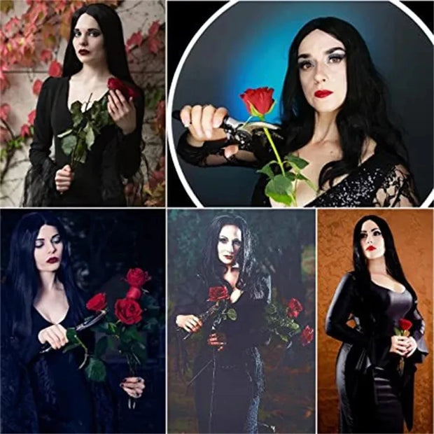 Addams Family Cosplay Wig Morticia Wendesday Wigs Black Long Straight Hair Heat Resistant Synthetic Halloween Party Woman Wigs