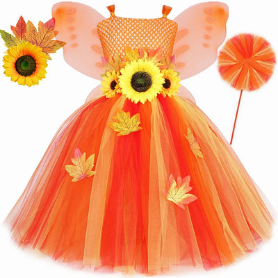 Fall Woodland Fairy Costume for Girls Orange Maple Leaves Sun Flower Fairy Tutu Dress with Wings Wand Kids Halloween Costumes