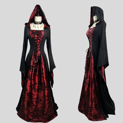Halloween Party dress Vampire Costume Women Plus Size Gothic Witch Cosplay outfit with Cloak Dark Nun Role Play Skeleton Uniform