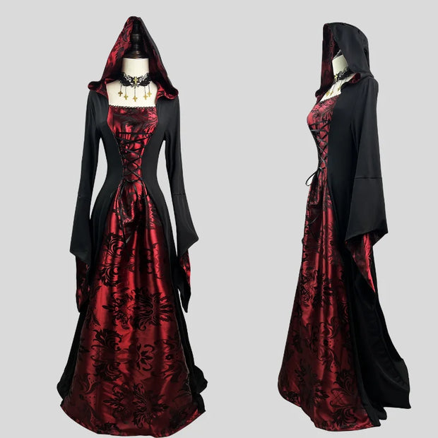 Halloween Party dress Vampire Costume Women Plus Size Gothic Witch Cosplay outfit with Cloak Dark Nun Role Play Skeleton Uniform