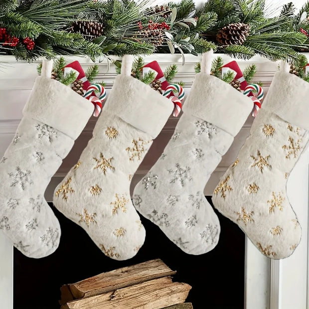 Christmas Stocking, 16 Inch Plush Faux Fur Sock with Snowflake Sequins, Holiday Tree Wall Fireplace Home Decor