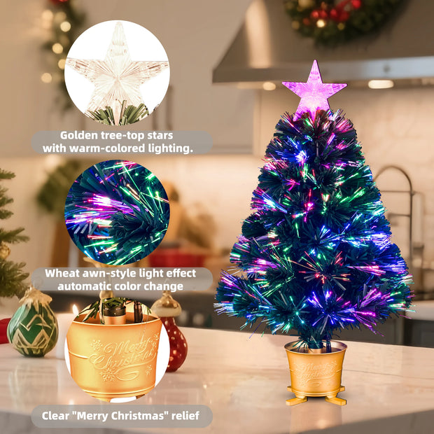 Mini Fiber Optic Tabletop Artificial Christmas Tree with color changing star tree topper, Green, Pre-lit, Xmas Tree, 24 inch