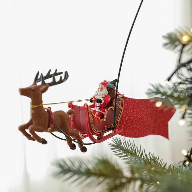 Santa’s Sleigh Animated Tree Topper with Banner Rotating Christmas Tree Topper with LED Star Light Christmas Tree Decor