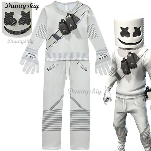 Fortnites DJ Marshmello Cosplay Halloween Costume with Boys Girls 842 Jumpsuit Carnival Party Electric Syllables Bodysuit