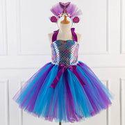 Kids Girls Cosplay Party Dress Princess Dress Up Mermaid Tulle Tutu Dresses Theme Birthday Party Costume with Flower Headband