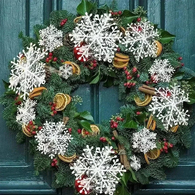 Christmas Plastic White Snowflakes Ornaments Xmas Tree Hanging Pendant Artificial Glitter Snow Flake Home DIY Wreath Decoration