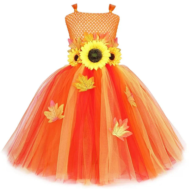 Fall Woodland Fairy Costume for Girls Orange Maple Leaves Sun Flower Fairy Tutu Dress with Wings Wand Kids Halloween Costumes