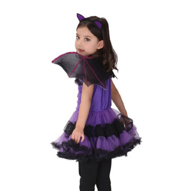 Girls Purple Bat Dress Kids Fancy Cosplay Vampire Demon Costume With Wing Headwear Halloween Carnivat Witch Role Play Clothes