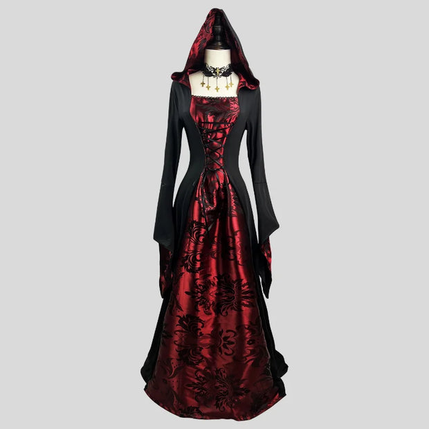 Halloween Party dress Vampire Costume Women Plus Size Gothic Witch Cosplay outfit with Cloak Dark Nun Role Play Skeleton Uniform