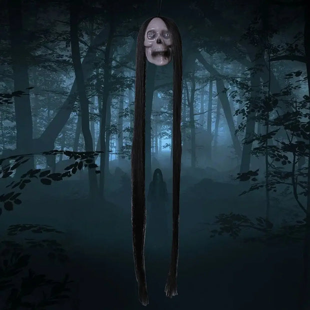 Plastic Halloween Hanging Ghost Long Hair Red Blinking Eye Horror Skeleton Ghost Hanging Design LED Light