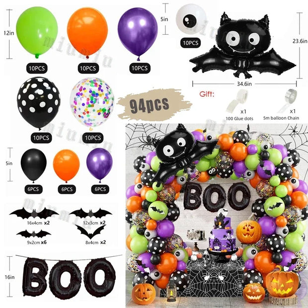 Halloween Bat Balloon Garland Arch Kit Black Orange Ballon 3D Bat Spider Sticker Eye Pumpkin Halloween Party Decoration Supplies
