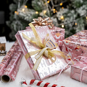 1 Roll Christmas Wrapping Paper Mini Roll, Pink Metallic Foil Shine Paper - Snowflakes/Santa Claus/HO Print for Gift Wrap, Arts