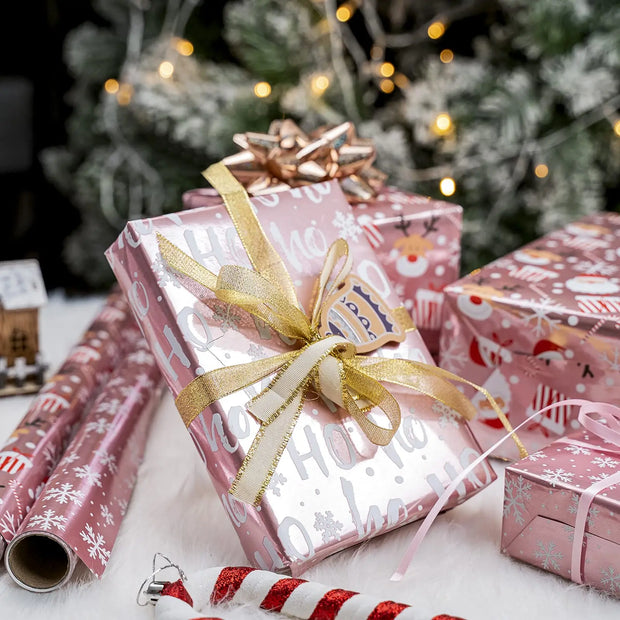 1 Roll Christmas Wrapping Paper Mini Roll, Pink Metallic Foil Shine Paper - Snowflakes/Santa Claus/HO Print for Gift Wrap, Arts