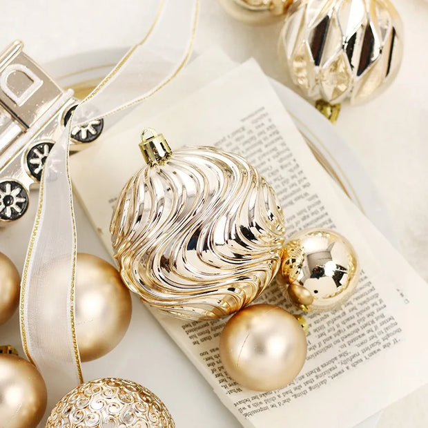 65PCS Champagne Gold Christmas Ball Decorations Matte Glossy Water Ripple Design Xmas Balls Christmas Tree DIY Decorations