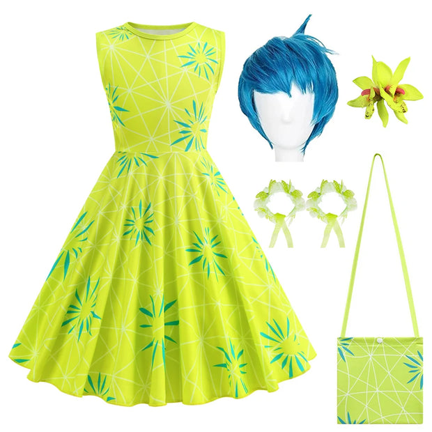 New Joy Inside Cosplay Out Dress Girls Birthday Carnival Party Outfit Children Halloween Role Playing Print Clothing