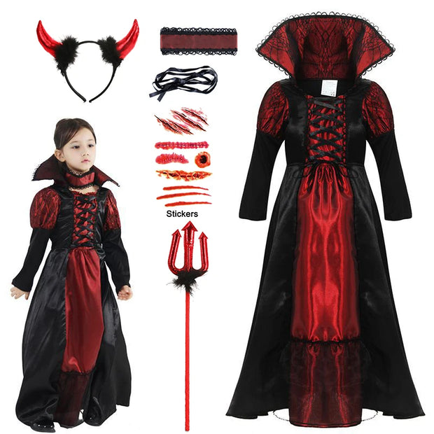 Girls Red Vampire Halloween Kids Costumes for Girl 2025 Carnival Party Prom Gown Ghost Bride Gothic Cosplay Children Clothing