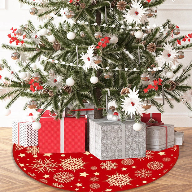 35.4inch Xmas Tree Skirt Snowflake Pattern Red Xmas Tree Mat Printed Christmas Tree Decoration Merry Christmas Decoaration