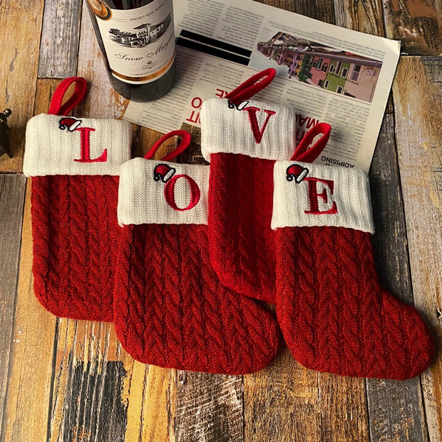 Christmas Stockings Xmas Gift Knitting Socks Pendant Red A-Z Letter Hanging Stock Christmas Tree Decor Ornament Navidad Gift Bag