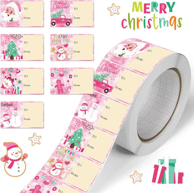 210 Pcs Christmas Name Tag Stickers Holiday Self Adhesive Pink Name Tags Merry Christmas Labels for Xmas Presents Wrapping Decor