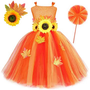 Fall Woodland Fairy Costume for Girls Orange Maple Leaves Sun Flower Fairy Tutu Dress with Wings Wand Kids Halloween Costumes