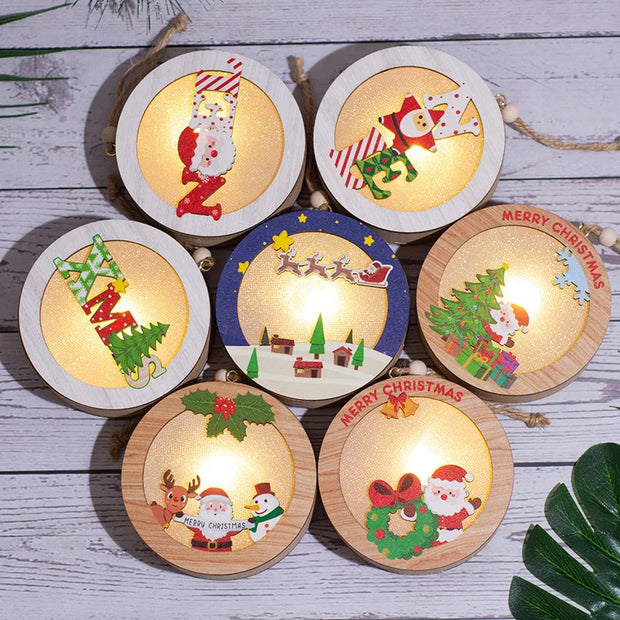 Christmas Wood Luminous Light Pendant Tabletop Decoration Christmas Ornament Holiday Home Wooden Christmas Tree Decoration