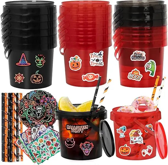 20pcs halloween candy bucket, trick or treat baskets for kids, 32oz ice buckets for parties with lid, contains 210pcs halloween