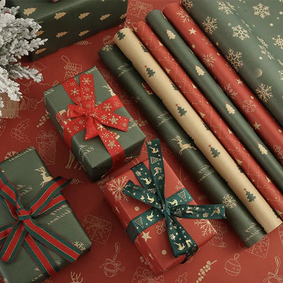 1/6pcs Christmas Wrapping Paper Vintage Kraft Paper Christmas Tree Snowflake Pattern Gift Wrapping Paper Bouquet Wrapping Paper