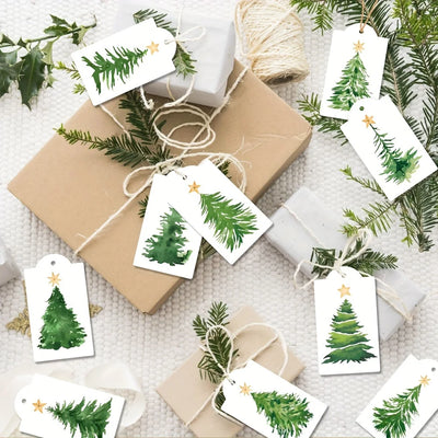 60pcs Cards Christmas Watercolor Pine Tree Gift Tags Festive Hang Tags Wrapping Box Decoration Gift Tags with 30m Hemp Rope