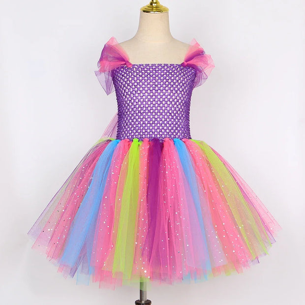 Girls Butterfly Fairy Tutu Dress with Wings Set Glitter Girls Rainbow Tulle Princess Dress Kids Halloween Birthday Party Costume