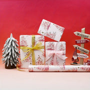 1 Roll 17inch x 393inch Pink with Gold Xmas Tree Wrapping Paper for Holiday Christmas, Gift Wrapping Paper for party