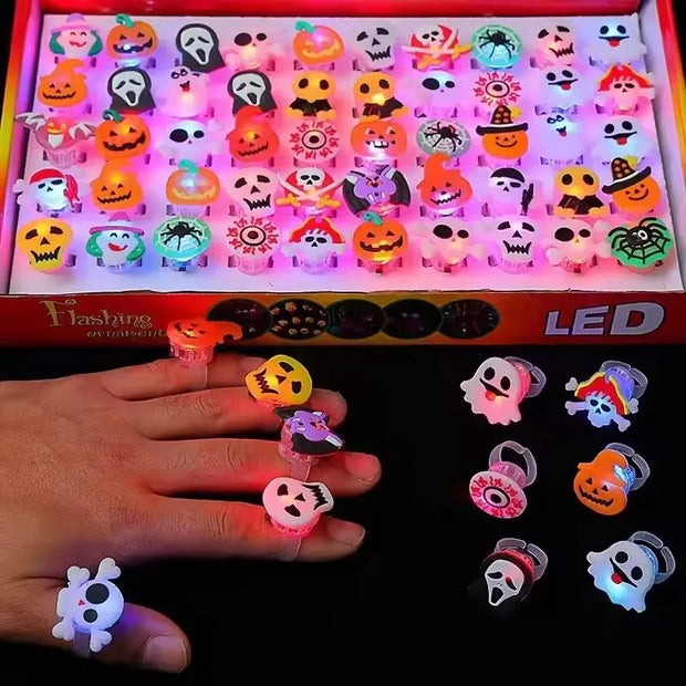 20/50pc Halloween LED Light Up Rings Toys Horror Pumpkin Ghost Spider Glow Finger Rings for Kids Trick Party Supplies Party Gift