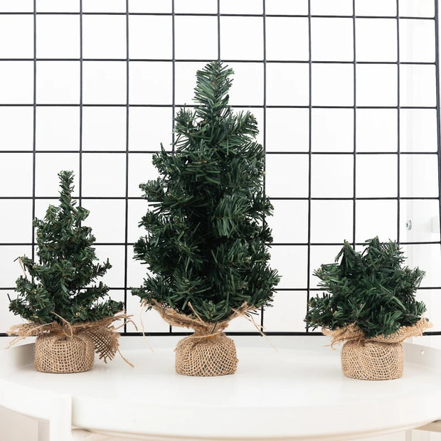 Mini Christmas Trees Green Artificial Plants Home Desktop Ornaments Window Christmas Artificial Potted Plants Burlap Decoration