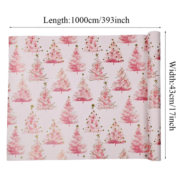1 Roll 17inch x 393inch Pink with Gold Xmas Tree Wrapping Paper for Holiday Christmas, Gift Wrapping Paper for party
