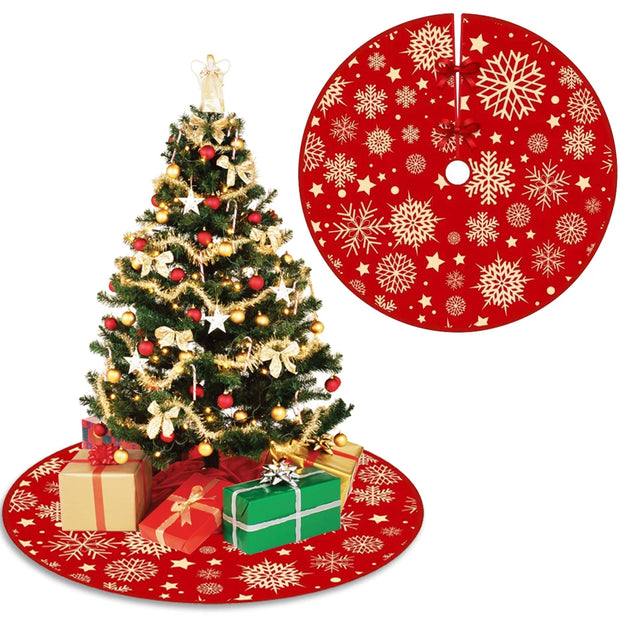 35.4inch Xmas Tree Skirt Snowflake Pattern Red Xmas Tree Mat Printed Christmas Tree Decoration Merry Christmas Decoaration