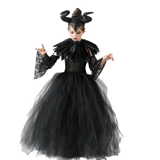 Halloween Maleficents Costume for Girls Evil Queen Dress Up Costumes Witch Devil Black Tulle Mesh Princess Dress Cosplay Clothes