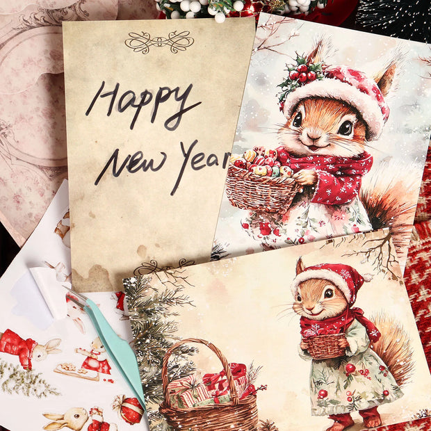 16cards, 4envelopes, 32stickers Christmas Squirrel Double-sided Postcard, for Scrapbooking Supplies, Paper Craft, Greetingcard