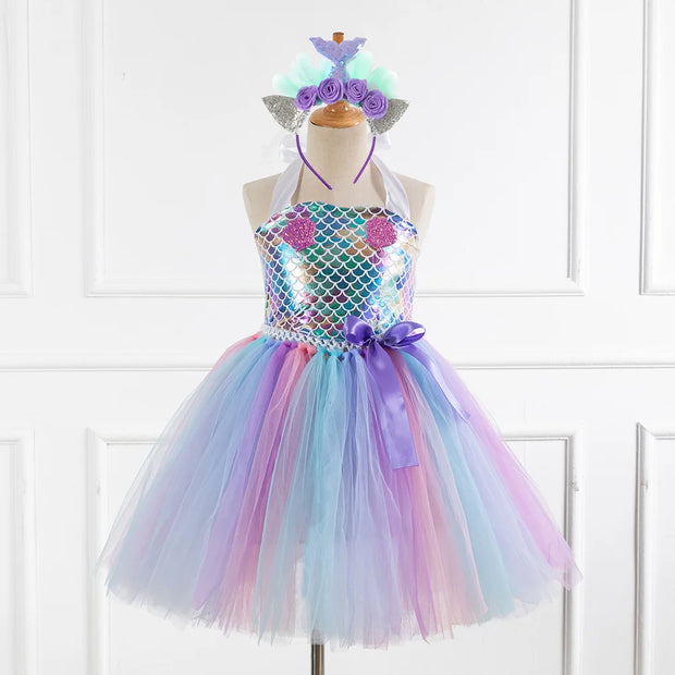 Kids Girls Cosplay Party Dress Princess Dress Up Mermaid Tulle Tutu Dresses Theme Birthday Party Costume with Flower Headband