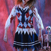 Women Halloween Costume Gothic Lace Dress with Veil and Gloves Vampire Cosplay Outfit Masquerade Party Dress